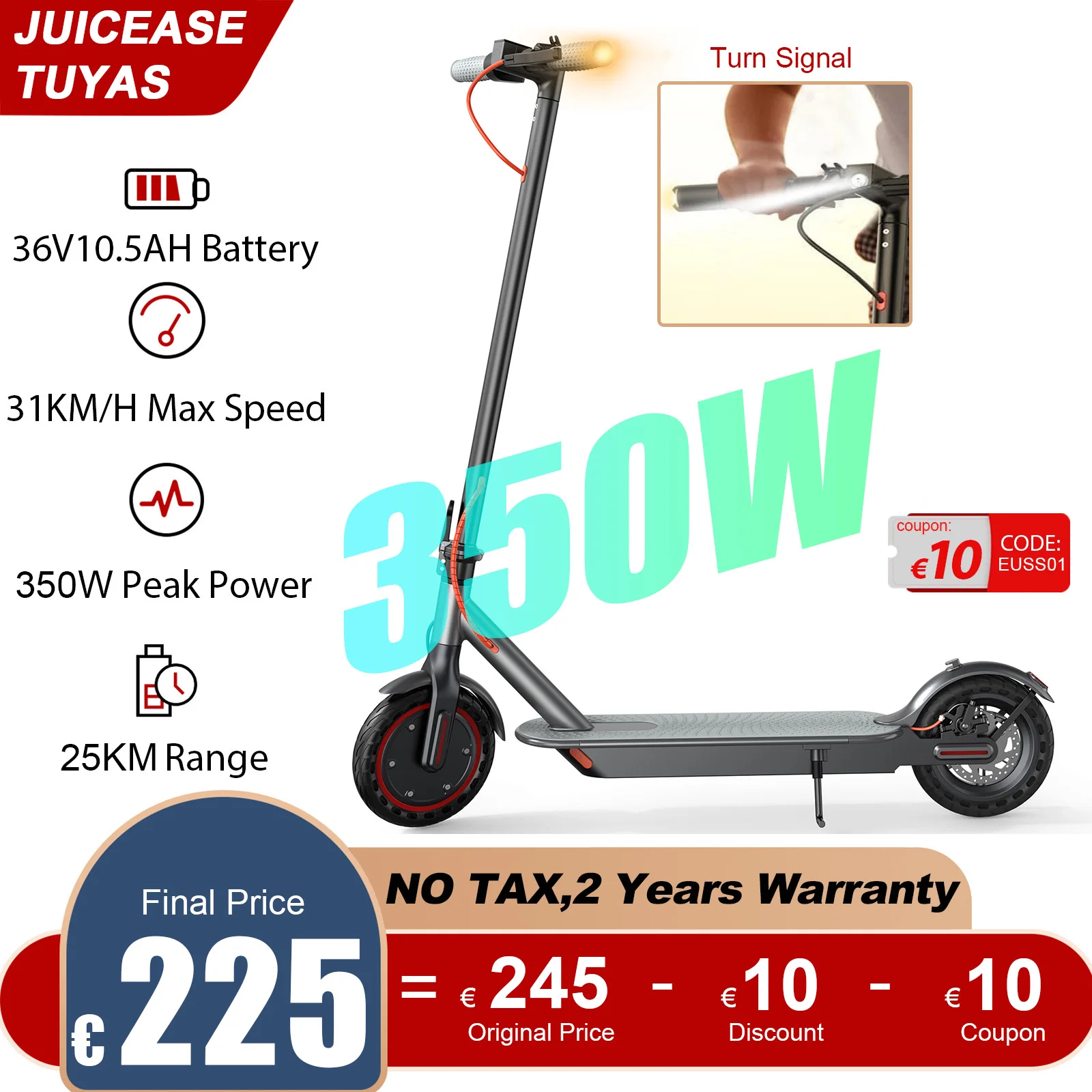 JUICEASE TUYAS 25KM Electric Scooter 31KM/H 350W Adult Foldable Turn Signal Electric Scooter TUYA Smart APP 36V10.5AH Escooter