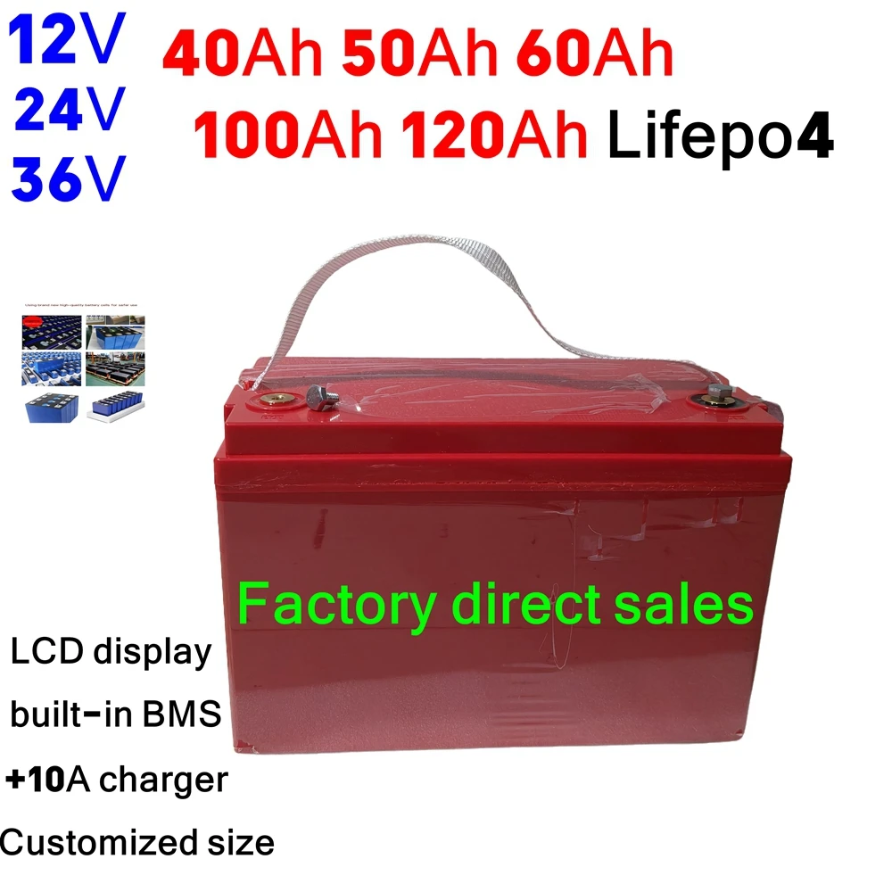 Batterie Lifepo4 avec BMS, 12V, 24V, 36V, 40Ah, 50Ah, 60Ah, 80Ah, 100Ah, pour camping-car solaire, bateau Hurhome