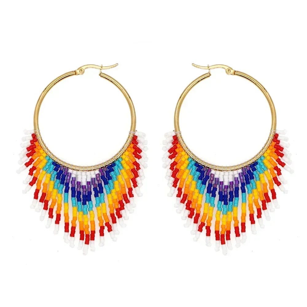 

Rice Bead Earrings Hand knitting Fashion Circle Beading Female Rainbow Gradient color Design Bohemia Alloy Fringe Earrings