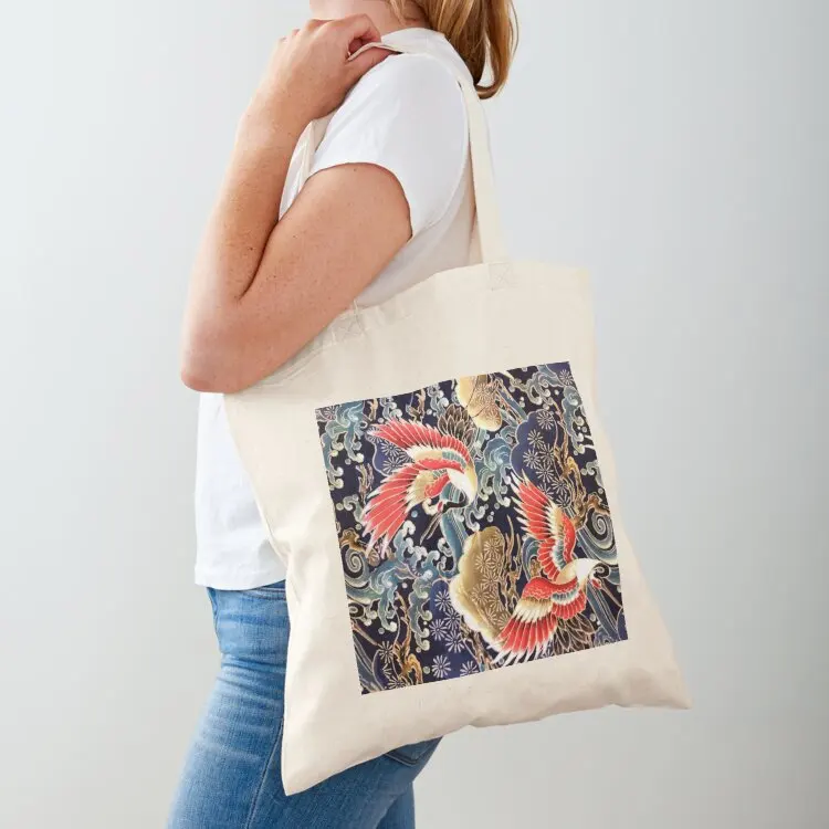 

JAPANESE FLYING CRANES ,FLOWERS, SEA WAVES RED NAVY BLUE FLORAL Tote Bag Candy bags cute tote bag Fabric bag canvas tote