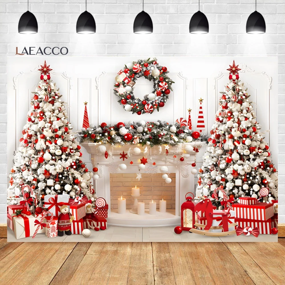 Laeacco Christmas Fireplace Backdrop Interior Vintage Xmas Tree Candle Retro Gift Festival Party Portrait Photography Background