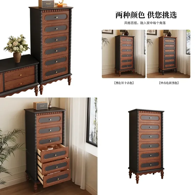 for French Medieval Style All Solid Wood Chest Cabinet Retro Six Drawer Ripple Bedroom Household Storage Dining Side