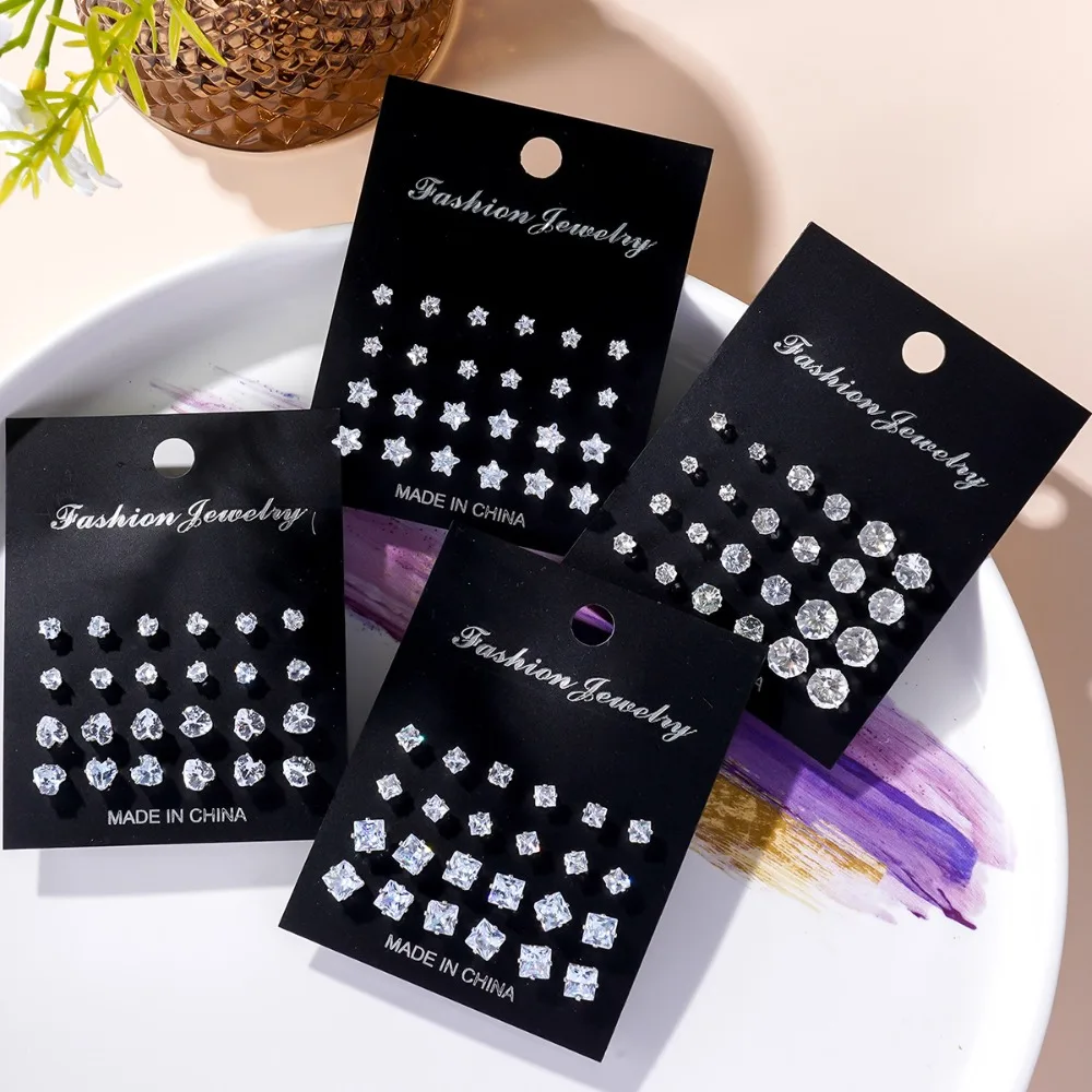 12 Pairs Set Simple Trend Stainless Steel Geometric Six-Prong Circle Heart Zircon Stud Earrings for Women Hypoallergenic Jewelry