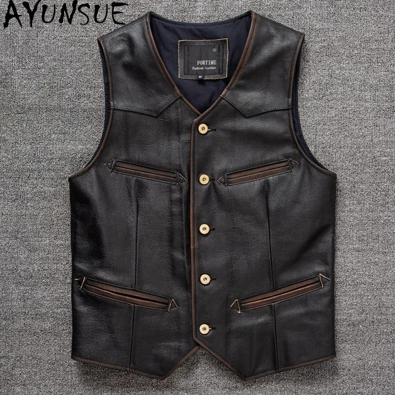 AYUNSUE Genuine Leather Jacket Mensclothing Spring Autumn Sheepskin Vest Coats Retro New Style Chaqueta De Cuero Para Hombre