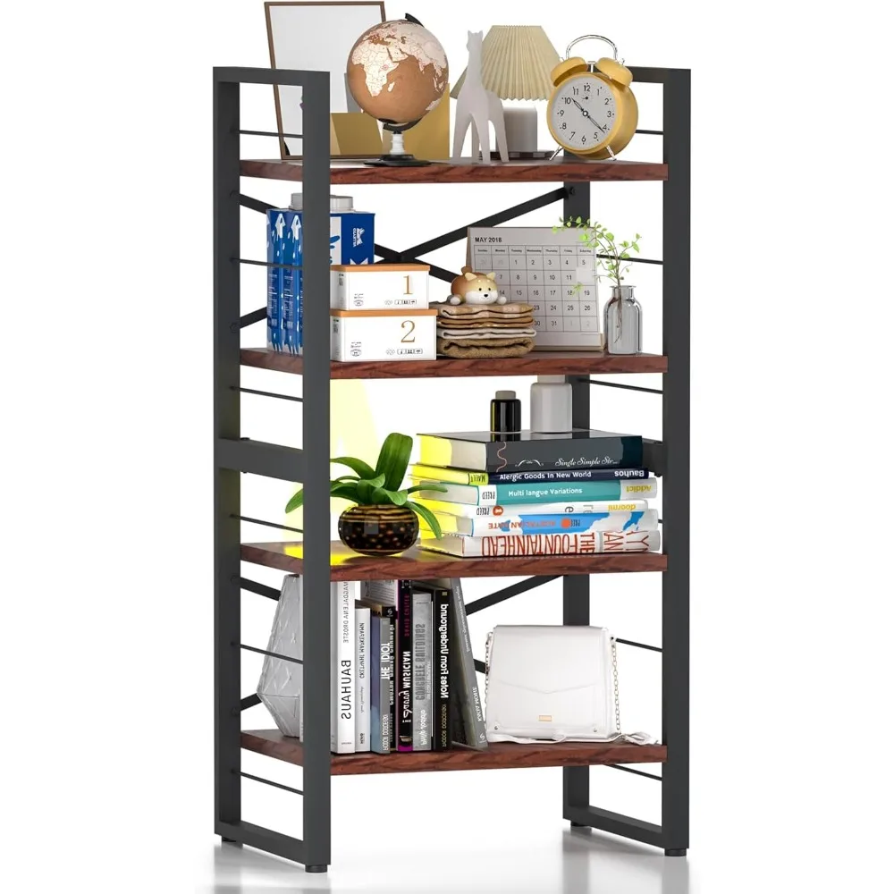 

4 Shelf Metal & Wood Bookcase for Small Spaces, Black, 11.2x16.4x31.9 Inches