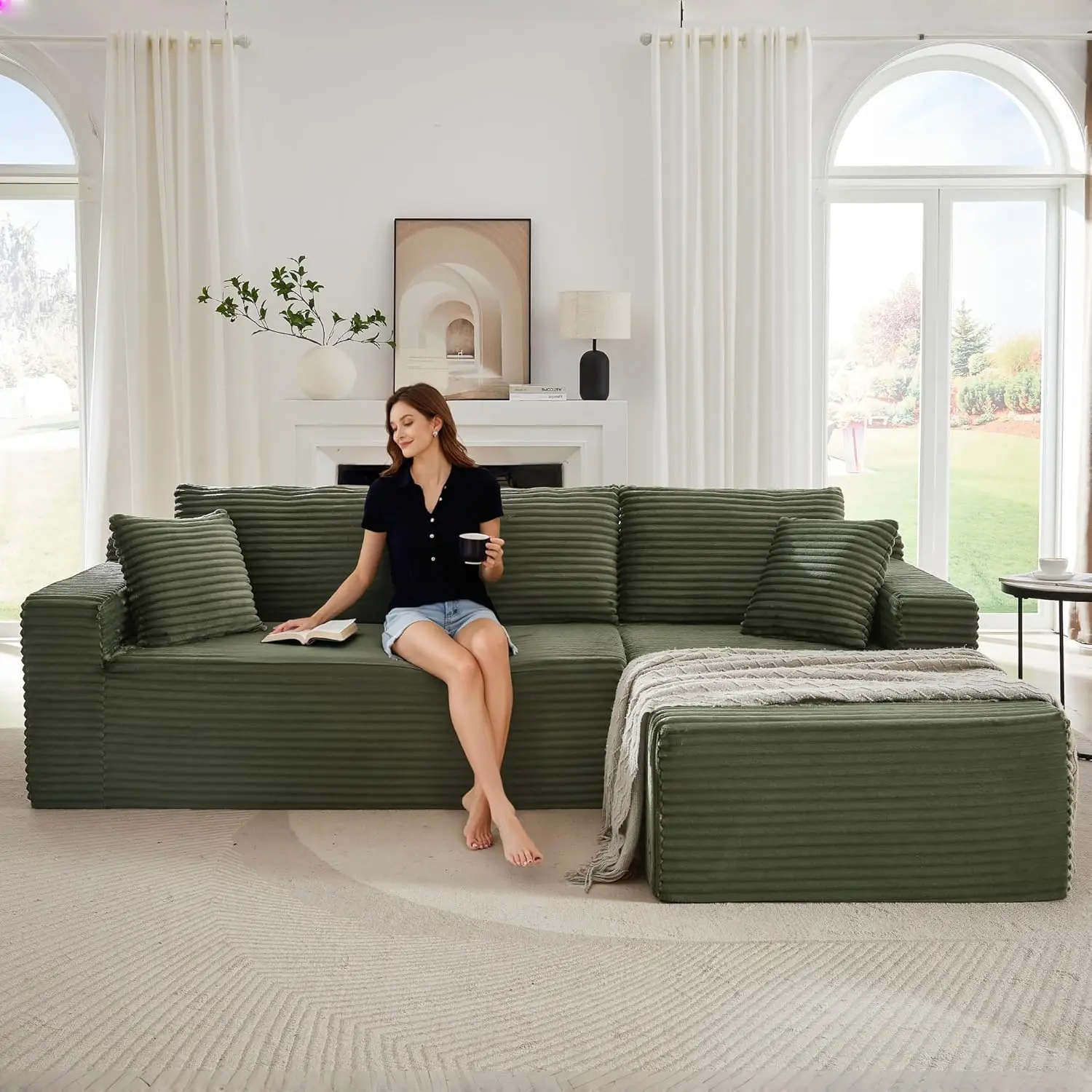 

Cloud Sectional Sofa Couch, Modular Sectional Sofa with Deep Seat, Comfy Corduroy Boneless Couches with L-Shape Chaise for Livin