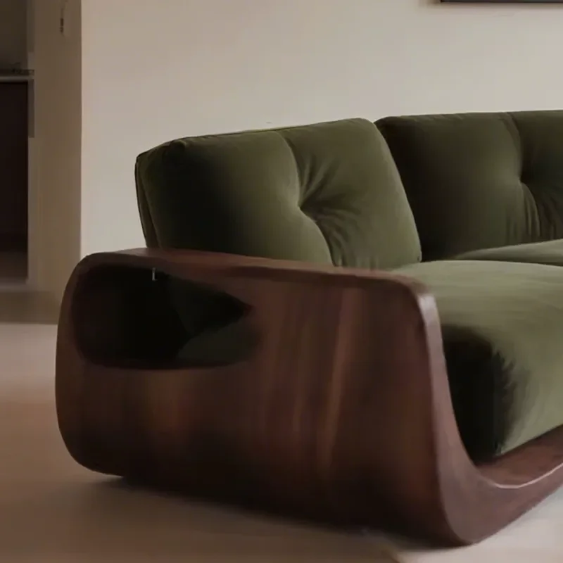 New Chinese Style Straight Green Cotton Linen Wooden Sofa Wave Design Living Room Furniture Customizable Advanced Sense