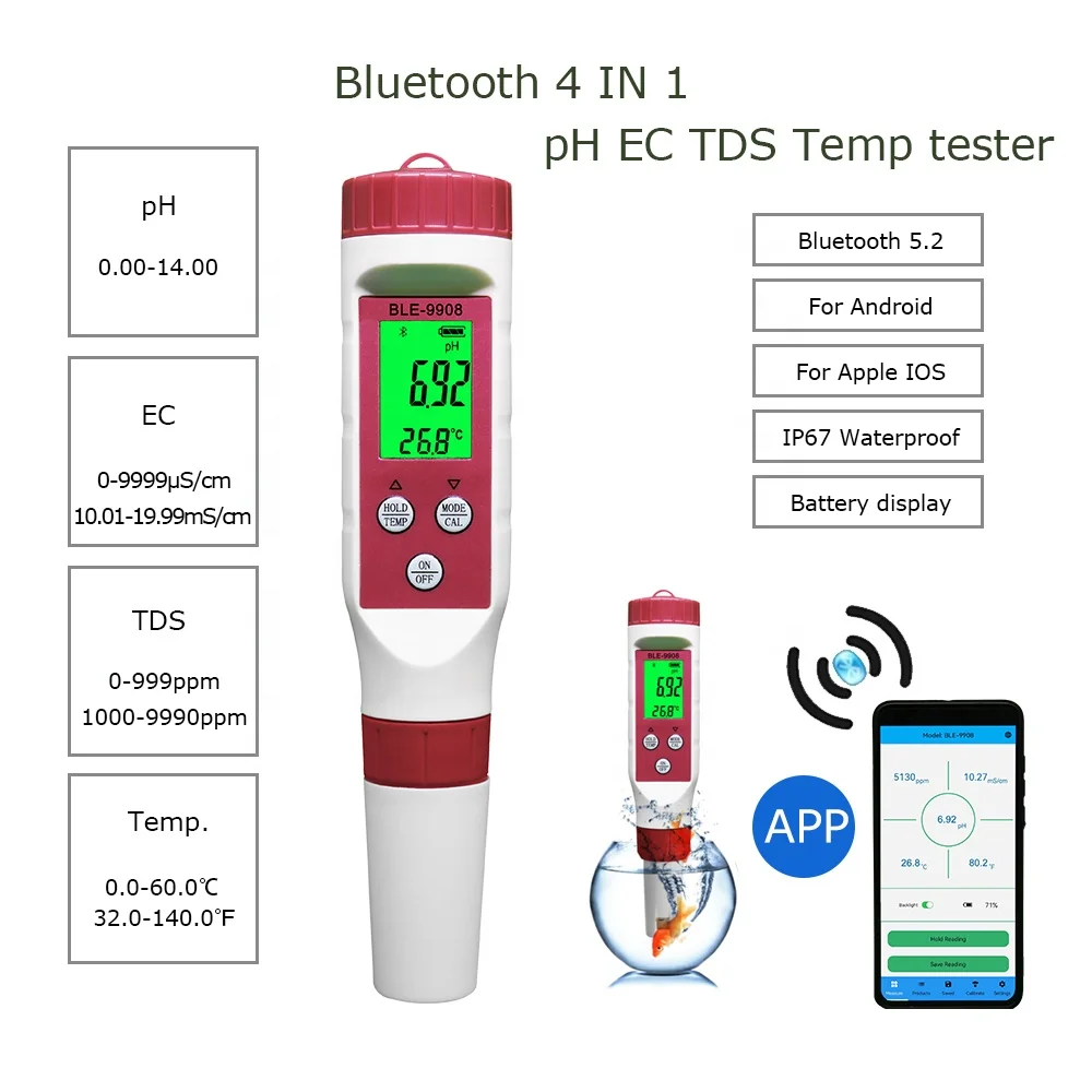 

BLE-9908 Smart Bluetooth Portable Handle Water 4 in 1 PH TDS TEMP EC Conductivity Meter Tester for Aquarium Pool Spa