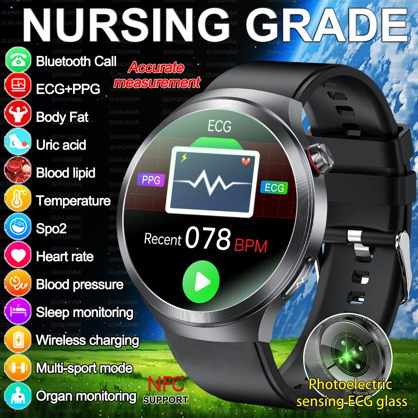 

2026 NEW Professional Level ECG+PPG Body Blood Lipid Smart Watches Blood Pressure Uric Acid NFC HD Call Health Smart Watch Men