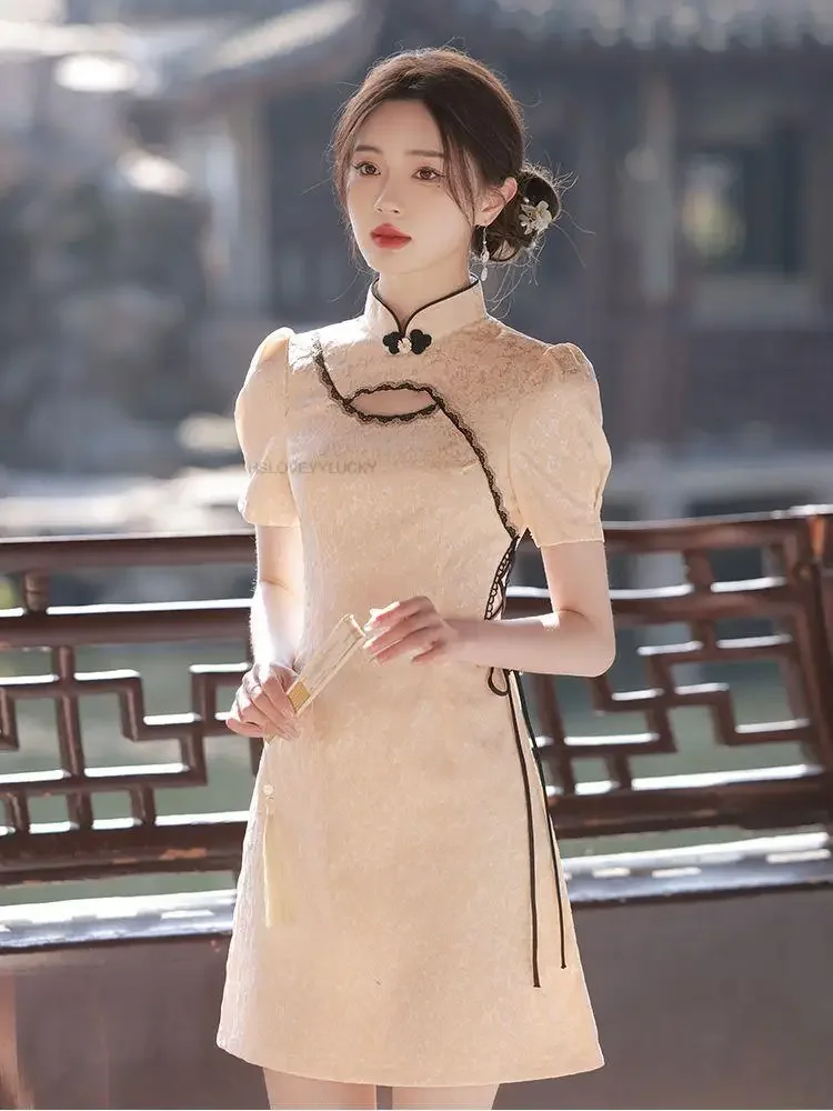 New Chinese Style Daily Qipao Hollow Out Lace Dress Women Stand Up Collar Slim Cheongsam Dress Lady A Line Dress Modern Qipao