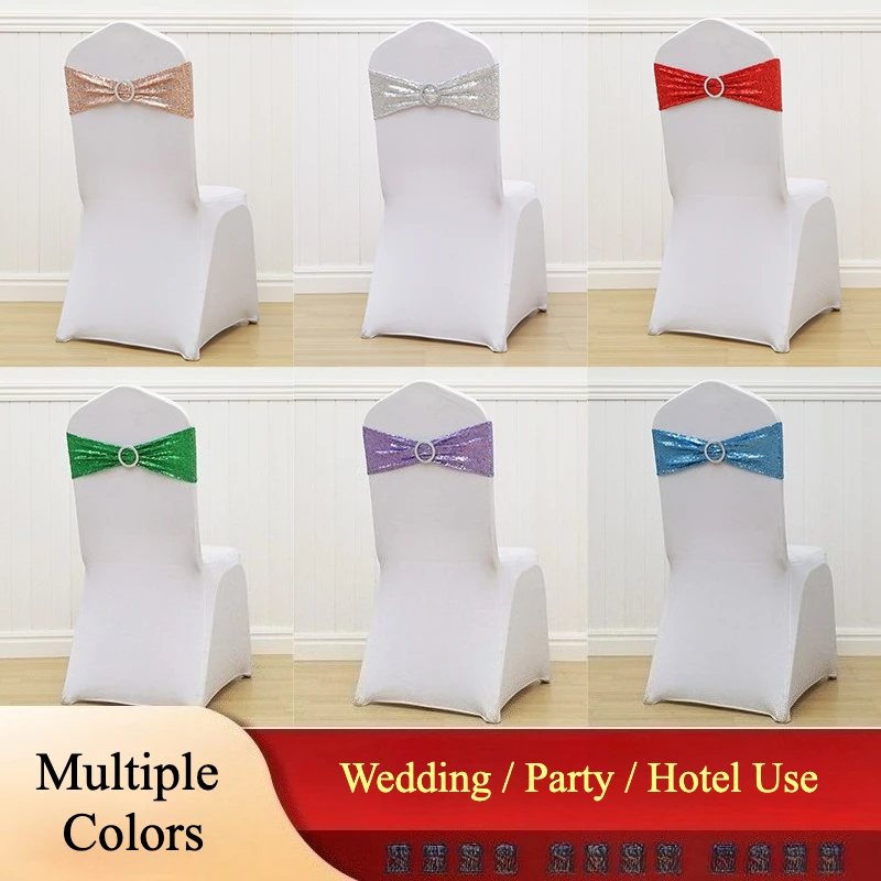 Glitter Sequin Chair Sashes With Rhinestone Buckle Elastic Chair Bands For Wedding Banquet Hotel Party Chair Decoration