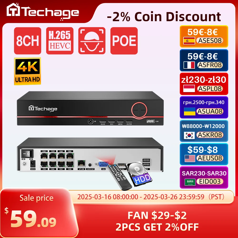 Techage H.265 8CH 4MP 5MP 8MP 1080P 4K POE NVR Двустоitsh Garona ауди®мо Ramonриalı NVR Lach 16CH дляетевойkuskus POE CCTV виде®