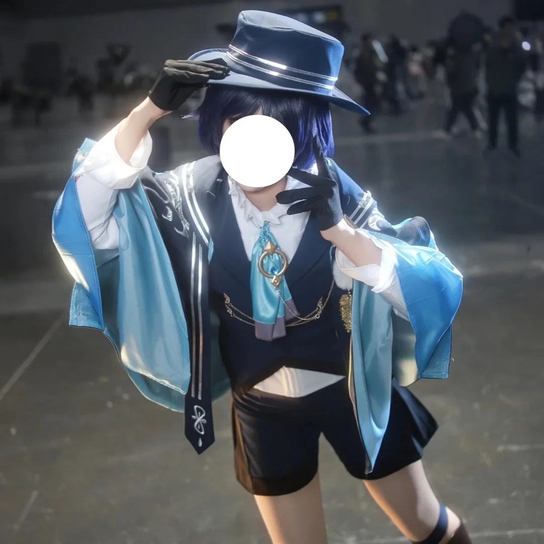 FES Wanderer Balladeer Cosplay Costume Genshin Impact Navy Blue Printed Short Cape Waistcoat Shirt Bow Tie Striped Shorts Gloves - view 2