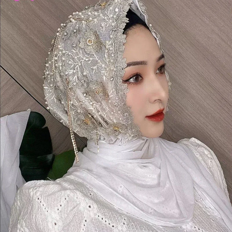 Luxury Muslim Wedding Hijab Scarves Embroidery Turban Hats Tassel Caps Malay Head Wrap For Women Beanie Dubai Islamic Head Scarf