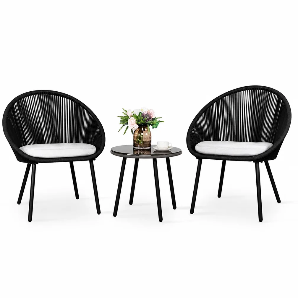 Matte Black Woven Rope Egg Chair Set 2 Pcs with Side Table, Patio Chairs with White Cushions, Smoked Glass Table for Garden