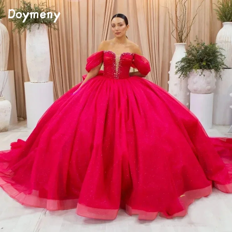 Doymeny Gliiter vestido de quinceañera sin hombros, cuentas de cristal, sin mangas, largo, dulce 16, 15