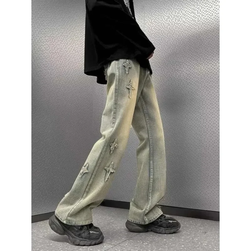 American High Street Washed Retro Jeans With Cross Star Embroidery Design Loose Straight Leg Wide Leg Pants