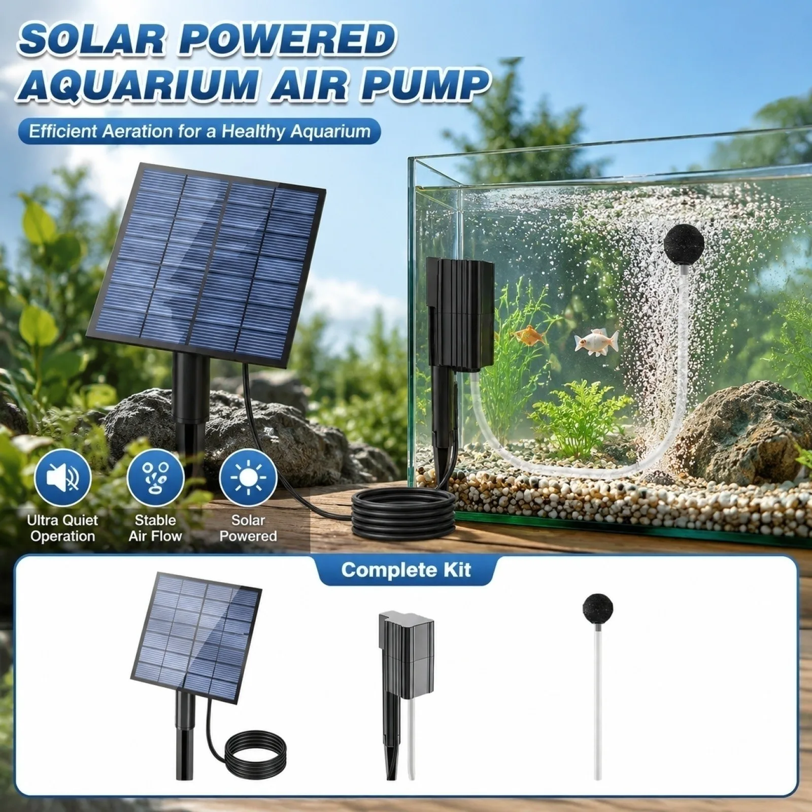 Solar Powered Oxygenation Pump With Air And Bubble Stone,For Pond Aerators In Ponds Aquariums 2026