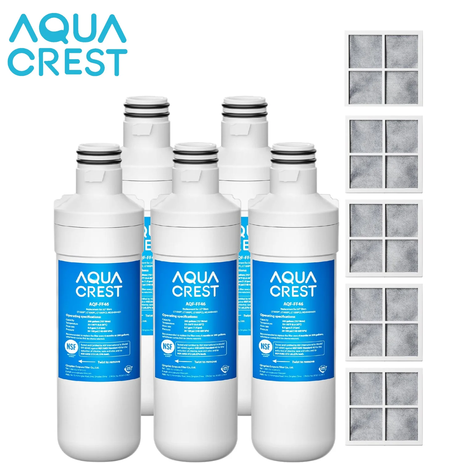 AQUA CREST LT1000PC ADQ747935 Refrigerator Water Filter and Air Filter, Replacement for LG® LT1000P®/PC/PCS, LMXS28626S, LFXS26973S, MDJ64844601, ADQ74793501, ADQ74793502 and LT120F®, 5 Combo