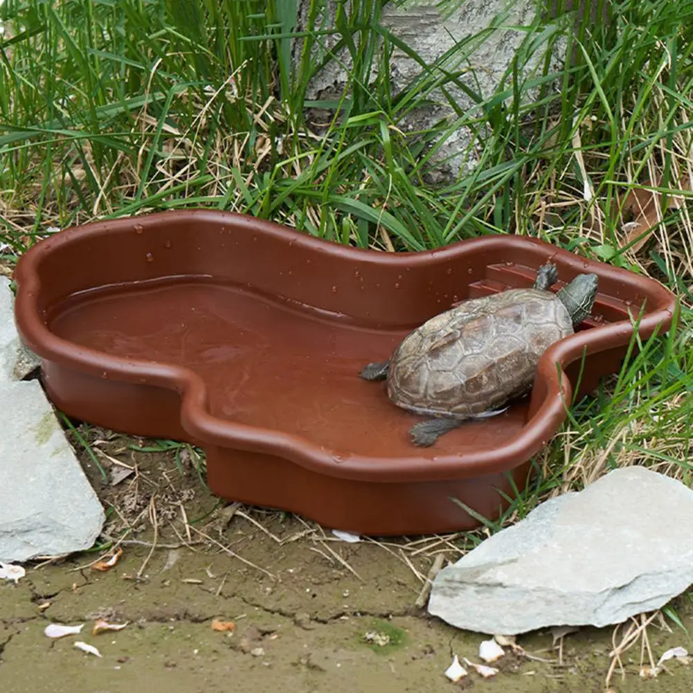 Turtle Water Tank Water Dish Bathtub with Anti-slip Ladder Drainage Hole for Tortoise Habitat Landscaping Water Basin for Turtle