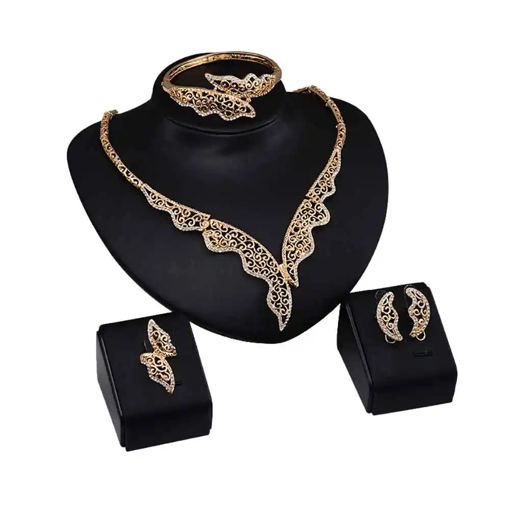 Unique Irregular Wide Chain Crystal Alloy Necklace Party Wear Antique Gold Tone Jewelry Set