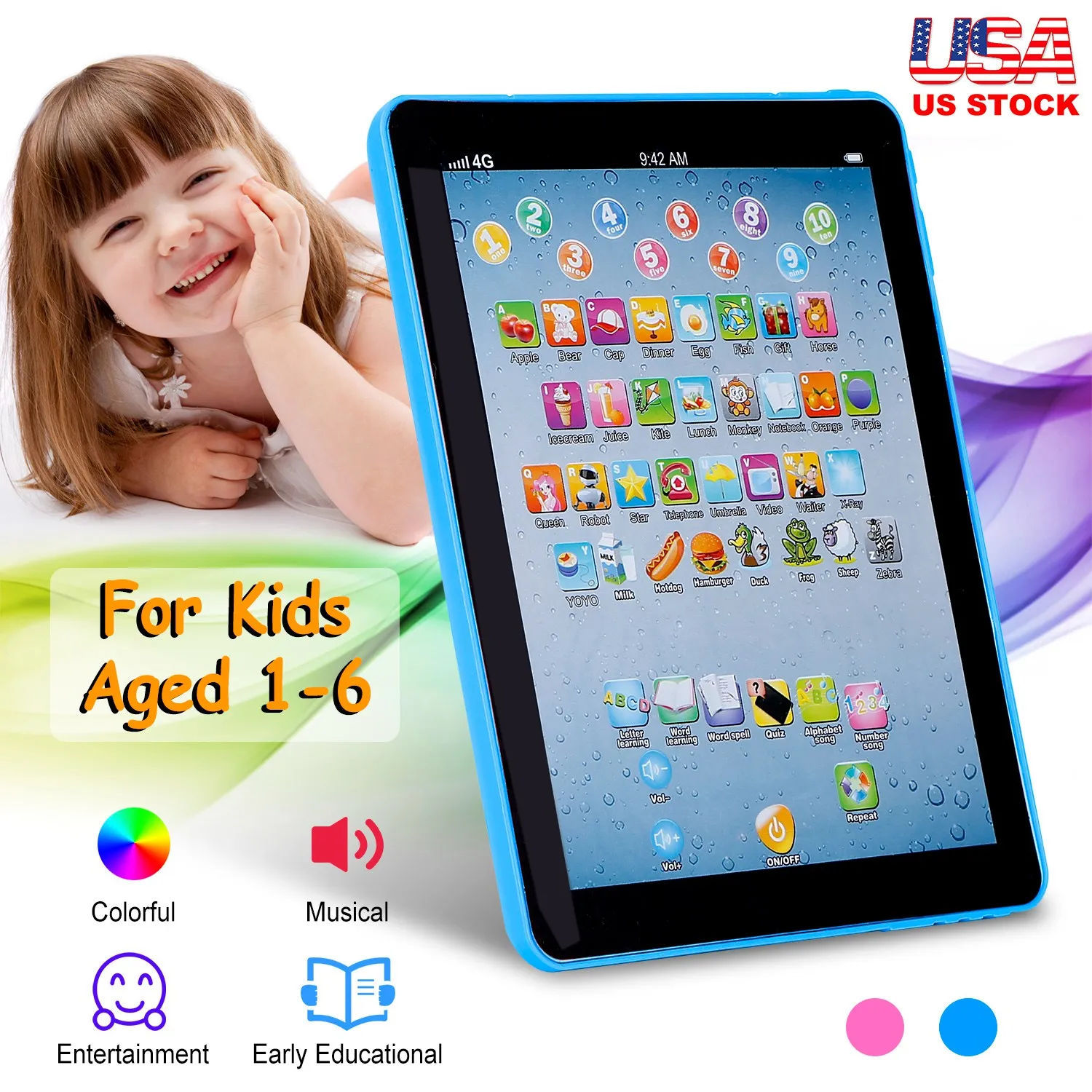 US Stock Toddler Learning Tablet Toy for ABC Numbers Spelling Interactive Educational Toys for 1 2 3 4 5 6 Years Old Boys Girls Birthday Gift Kids Smart Touch Pad Musical Early Development Baby Electronic Game Volume Control