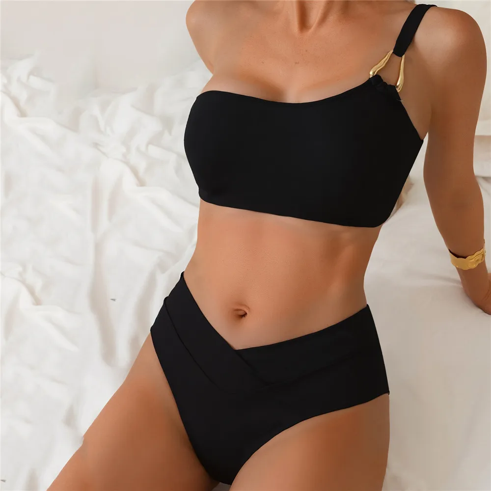 

Metal Ring Black One Shoulder Bikinis Sets 2026 Sexy Swimsuit Women High Waist Swimwear High Leg Cut Bathing Suit Bikini Mujer