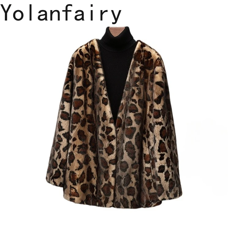 YOLANFAIRY High-street Whole Mink Fur Jackets for Women Winter Short V-neck Natural Fur Coat Leopard Real Fur Jacket Outwears