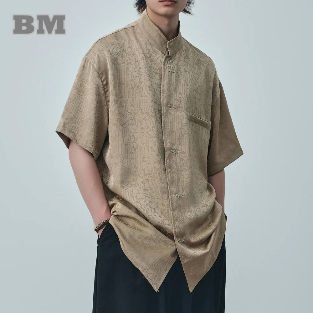 

Chinese Style Stand Collar Jacquard Shirt Men Clothing Summer Vintage Casual Tai Chi Kung Fu Short Sleeves Thin Tops Male