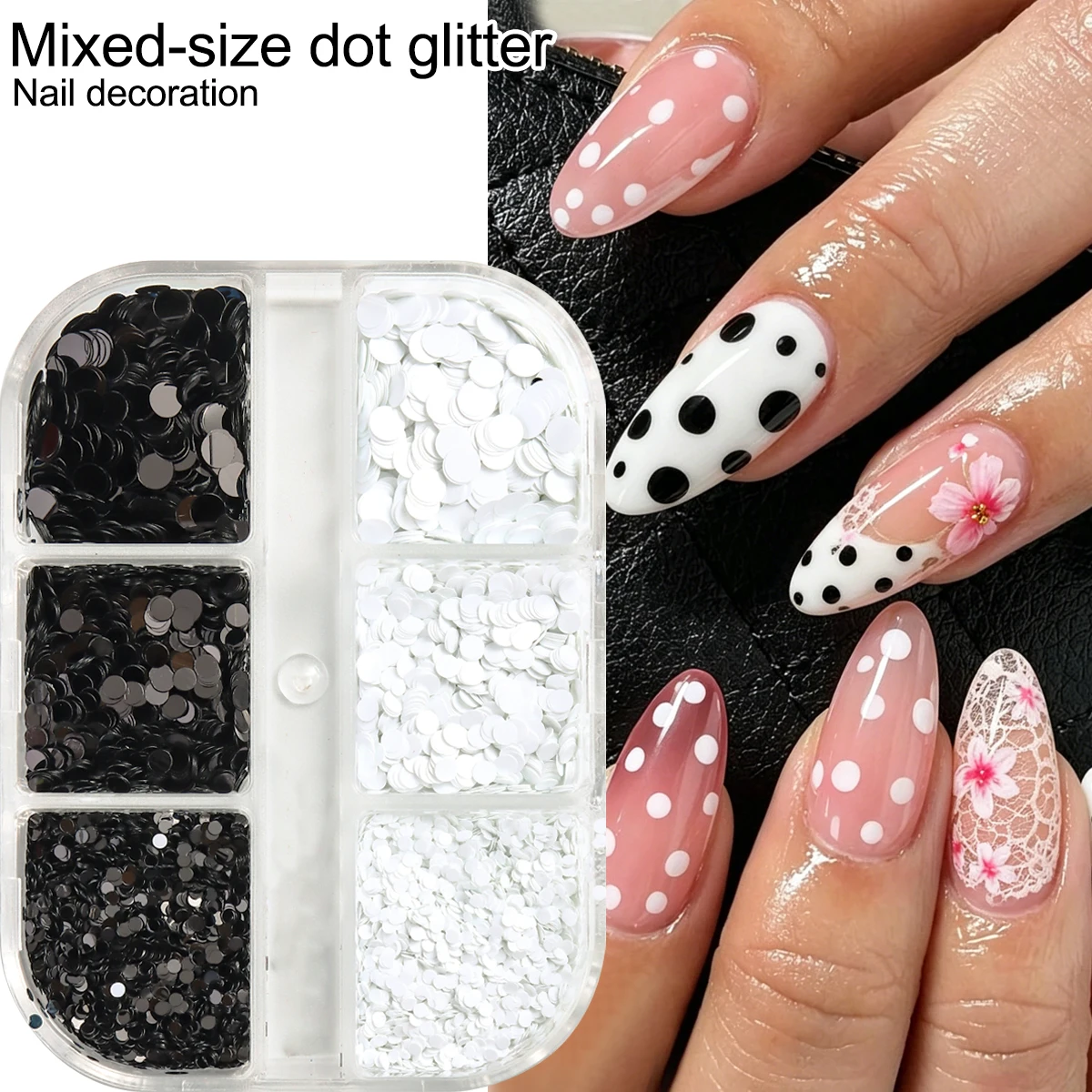 Schwarz-weiße Polka-Dot-Glitzer-Nagelkunst-Accessoires, Retro-Blumen-Patchwork-Glitzer-Nagelkunst, vielseitiger runder Punkt-Glitzer zum Selbermachen – Detail 3