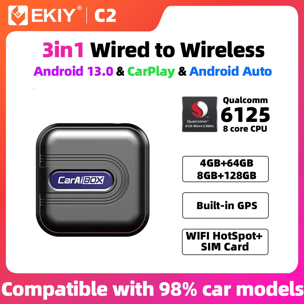 EKIY Car Intelligent Systems Wireless CarPlay Android Auto Ai TV Box Android 13 Qualcomm 6125 8-Core CPU With Google Play Store