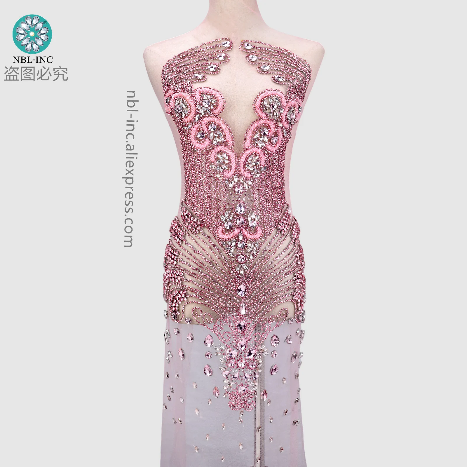 (1PC) Luxury hand-made crystal rhinestone bodice applique pink for wedding panel sew on hot sale WDD1359-PK