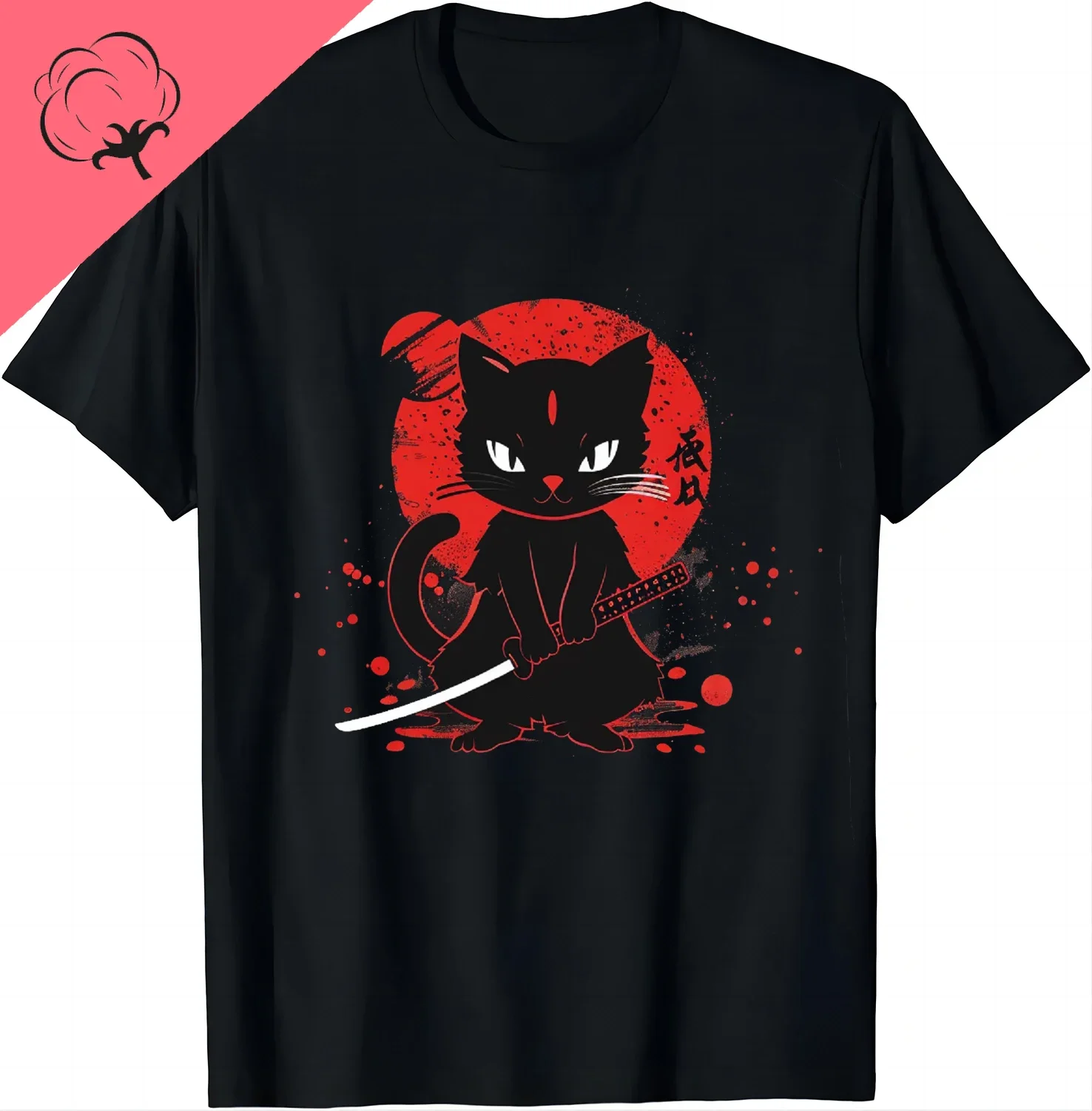 

Samurai Cat Warrior Japanese Style Graphic T-Shirt Soft Cotton Round Neck Tee for Men