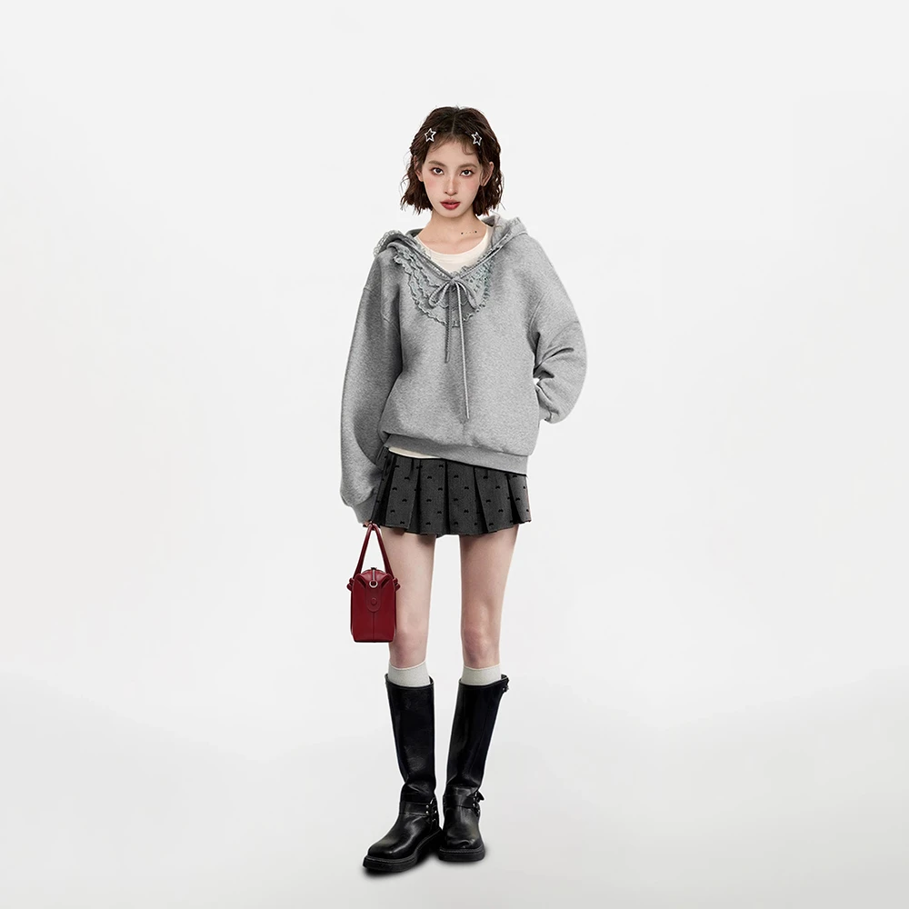 2025 novo cinza hoodie retro outono rendas splice moda topos estilo coreano y2k roupas mulher moletom feminino manga longa hoodies