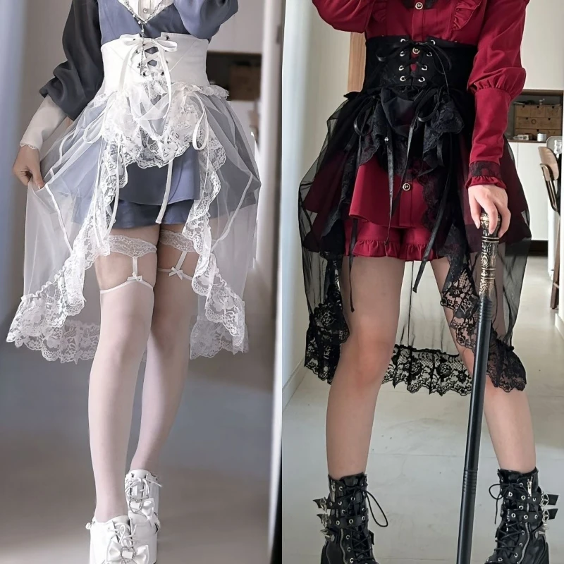 Gothic Y2K Women White Black Lace Skirt Korean Fashion Bandage Cute Mini Waist Pleated Skirts Streetwear Clothing Matching Skirt