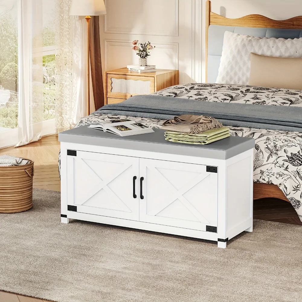 

Farmhouse Shoe Storage Bench, 2 Tier Shoe Bench with Padded Seat Cushion & 2 Barn Doors, Entryway Bench with Adjustable Shelf