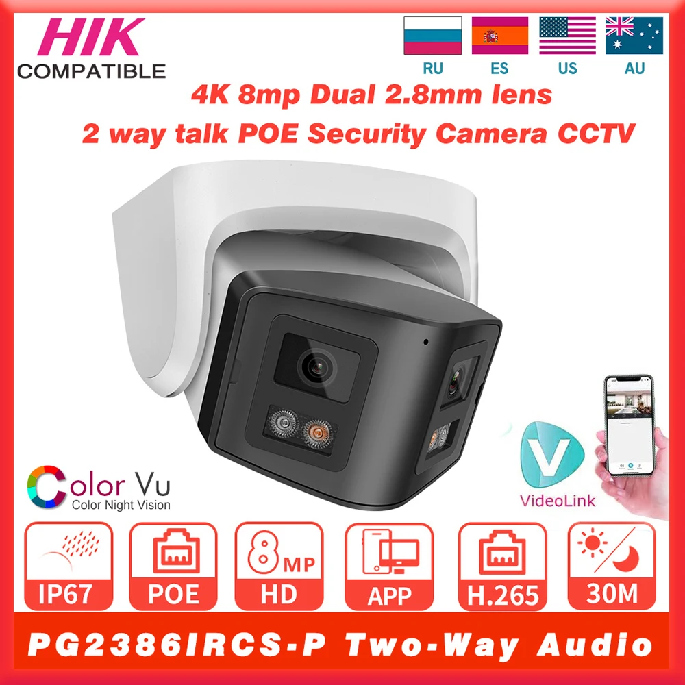 

4K 8MP Dual Panoramic IP PoE Camera with Human & Vehicle Detection, 98ft IR/Full Color Night Vision, Two-Way Audio,Plug & Play