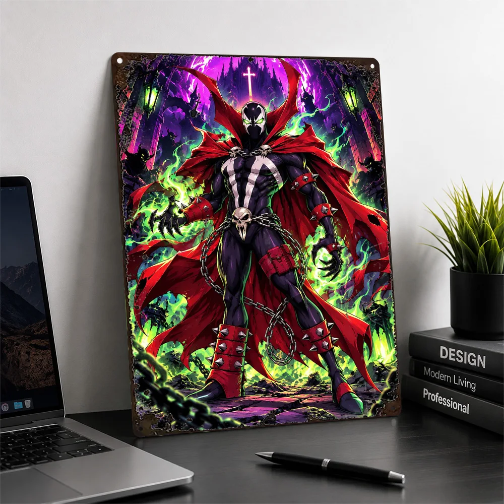Spawn In Flaming Cathedral Printed Poster Comic Wall Art For Home Theater Personalized Aluminum Metal Sign Superhero Fan Gift