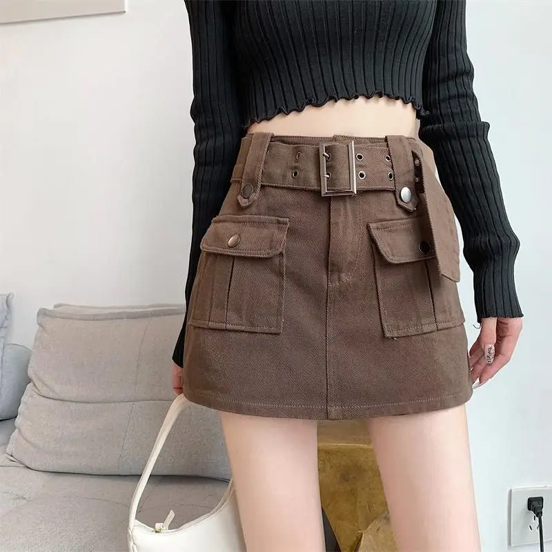 

2022 New Fashion Streetwear Cargo Skirt Women High Waist A-line Denim Mini Shorts Skirts with Belt Spring and Autumn