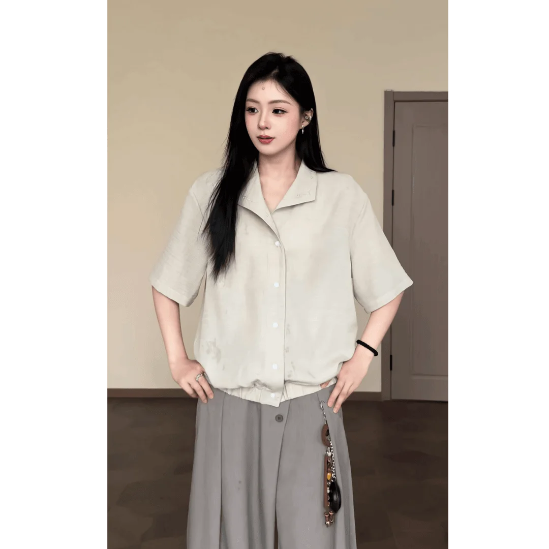 Summer New Style Cuban Collar Short Sleeve Casual Shirt Thin Lightweight Men Women Fashionable Versatile Polyester Fiber Shirt