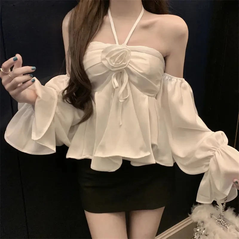 

Flower Halter Crop Tops Women Sexy Sweet Off Shoulder Flared Sleeve Slim Fit Shirts Spring Summer All Match Y2k Blouse