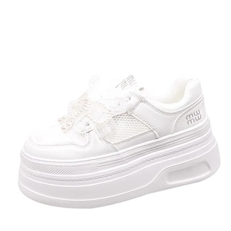 

Женские дышащие сетчатые туфли, новинка лета 2021, жемчужно-белые туфли, легкая повседневная обувь на толстой подошве, увеличивающая рост, кроссовки