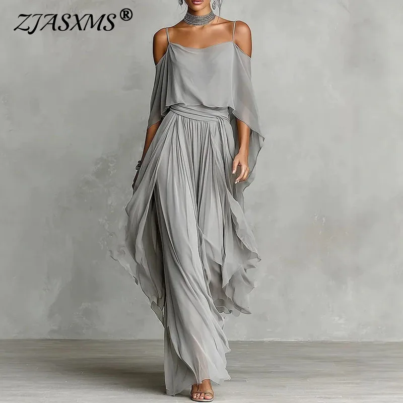 Damen Cold-Shoulder Zweiteiler: Spaghetti-Träger-Top und High-Waist Weite Hose – Elegantes, fließendes Abend- und Party-Outfit