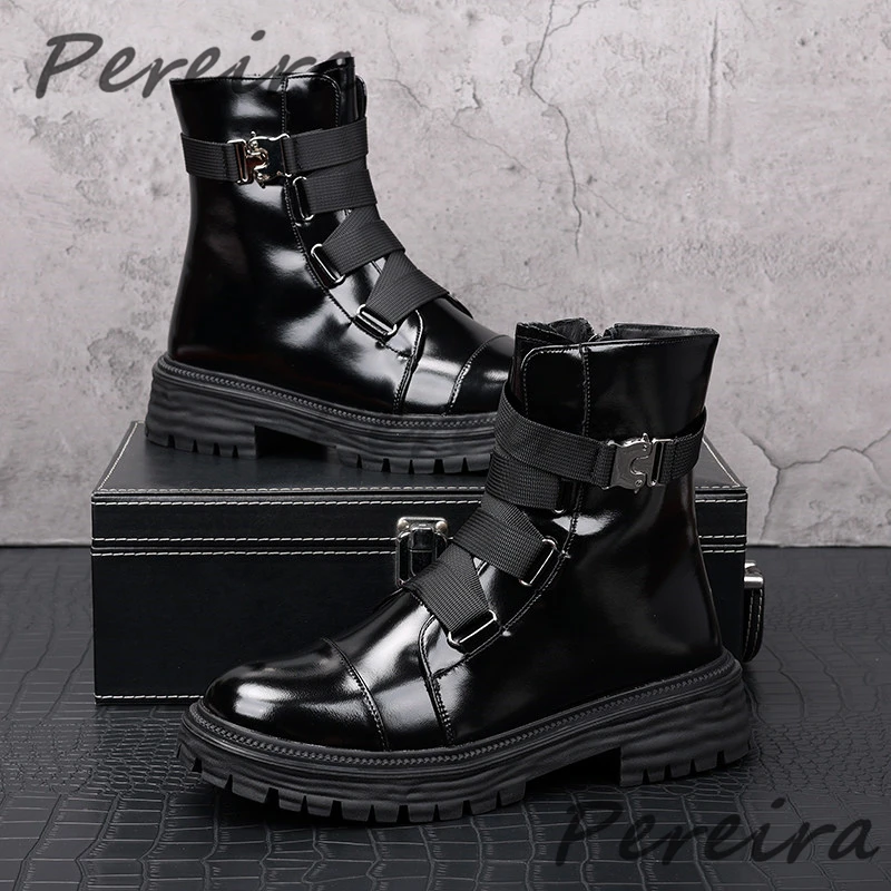 Men Patent Leather Thick Soled Motorcycle Boots Fashion Metal Buckle Round Toe Height Increasing Shoes Comfortable Ankle Boots