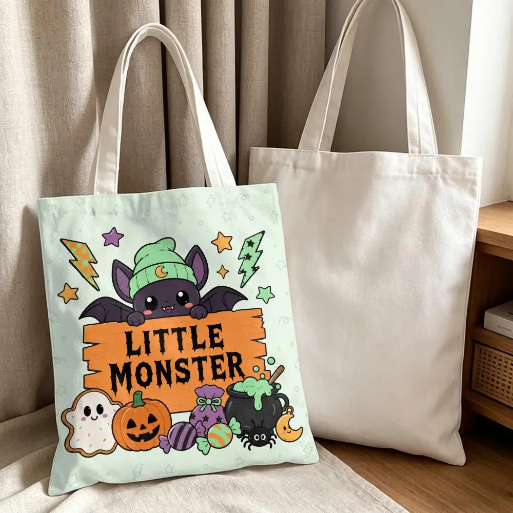 Spooky Little Creatures Storage Bags Double-Sided Printed Canvas Tote Bag Large Capacity Reusable Shoulder Shopping Bag