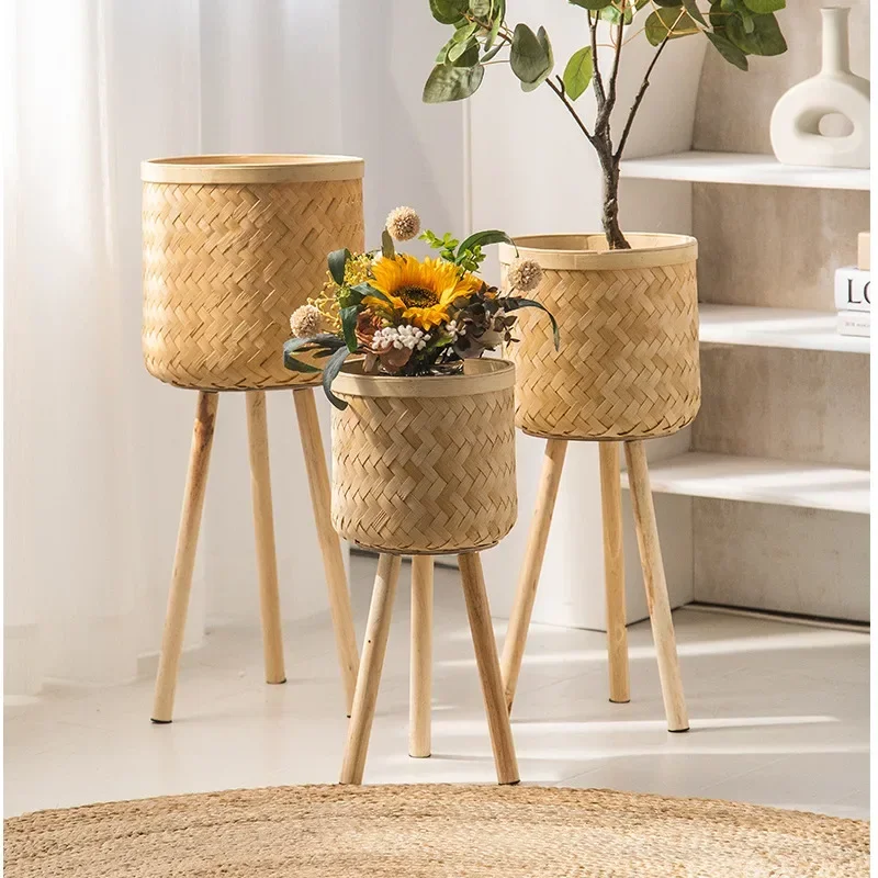 Rattan Weaving Flowers Stand Living Room High Foot Rack For Plants Multi Functional Storage Shelf Practical Indoor Gardening