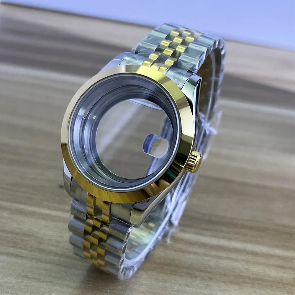 حافظة 36 مم/39 مم، إطار ذهبي، زجاج ياقوتي، سوار من الفولاذ المقاوم للصدأ، NH35، ملحقات تعديل ساعة الحركة NH36