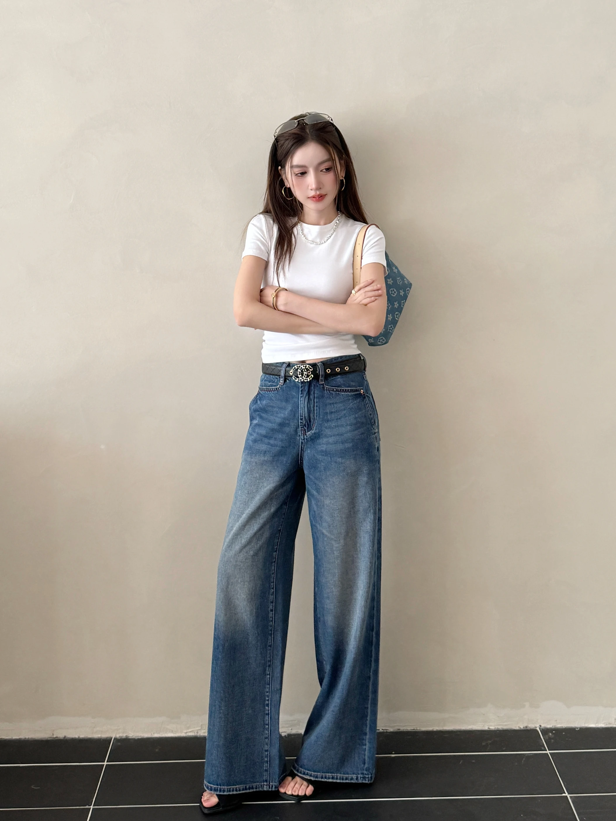 

Джинсы Slim Fit с широкими штанинами, высокой талией, прямым кроем, в стиле ретро, синие, из денима, весенняя мода, женские, премиум-качество, мягкая хлопковая смесь