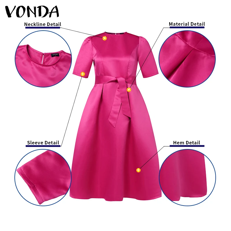 VONDA Plus Size 5XL Elegant Satin Summer Midi Dress Women Short Sleeve Fashion Party Vestido Casual Belted Loose Solid Long Robe