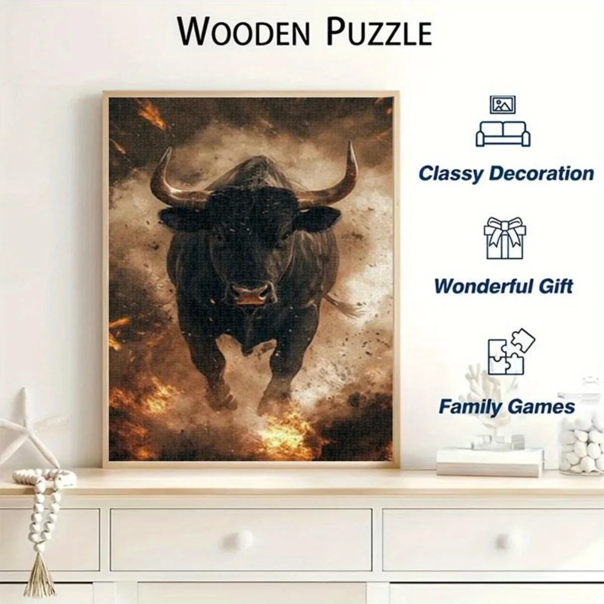 1000pcs Adult Puzzle - Blazing Bull in Smoke, Frameless Large Jigsaw Puzzle with Dynamic Action Scene, Challenging Puzzle for